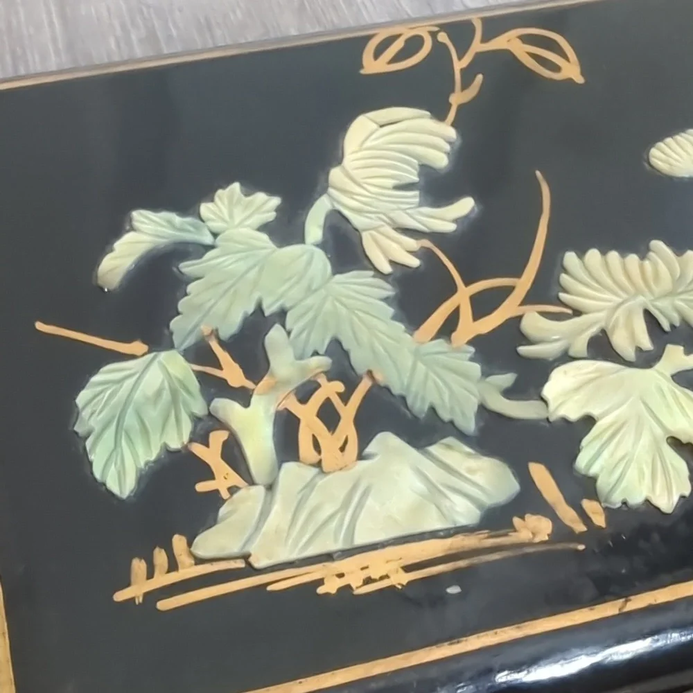 Vintage Chinese Black Lacquer Hand Painted Mother-of-Pearl Inlay Jewelry Box